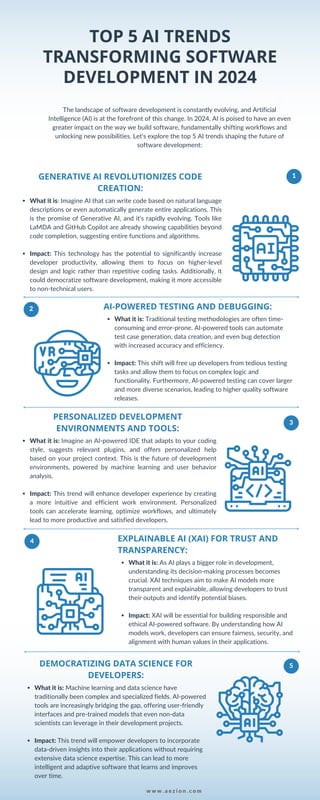 1
2
TOP 5 AI TRENDS
TRANSFORMING SOFTWARE
DEVELOPMENT IN 2024
The landscape of software development is constantly evolving, and Artificial
Intelligence (AI) is at the forefront of this change. In 2024, AI is poised to have an even
greater impact on the way we build software, fundamentally shifting workflows and
unlocking new possibilities. Let's explore the top 5 AI trends shaping the future of
software development:
GENERATIVE AI REVOLUTIONIZES CODE
CREATION:
What it is: Imagine AI that can write code based on natural language
descriptions or even automatically generate entire applications. This
is the promise of Generative AI, and it's rapidly evolving. Tools like
LaMDA and GitHub Copilot are already showing capabilities beyond
code completion, suggesting entire functions and algorithms.
Impact: This technology has the potential to significantly increase
developer productivity, allowing them to focus on higher-level
design and logic rather than repetitive coding tasks. Additionally, it
could democratize software development, making it more accessible
to non-technical users.
.
PERSONALIZED DEVELOPMENT
ENVIRONMENTS AND TOOLS:
What it is: Imagine an AI-powered IDE that adapts to your coding
style, suggests relevant plugins, and offers personalized help
based on your project context. This is the future of development
environments, powered by machine learning and user behavior
analysis.
Impact: This trend will enhance developer experience by creating
a more intuitive and efficient work environment. Personalized
tools can accelerate learning, optimize workflows, and ultimately
lead to more productive and satisfied developers.
AI-POWERED TESTING AND DEBUGGING:
What it is: Traditional testing methodologies are often time-
consuming and error-prone. AI-powered tools can automate
test case generation, data creation, and even bug detection
with increased accuracy and efficiency.
Impact: This shift will free up developers from tedious testing
tasks and allow them to focus on complex logic and
functionality. Furthermore, AI-powered testing can cover larger
and more diverse scenarios, leading to higher quality software
releases.
EXPLAINABLE AI (XAI) FOR TRUST AND
TRANSPARENCY:
What it is: As AI plays a bigger role in development,
understanding its decision-making processes becomes
crucial. XAI techniques aim to make AI models more
transparent and explainable, allowing developers to trust
their outputs and identify potential biases.
Impact: XAI will be essential for building responsible and
ethical AI-powered software. By understanding how AI
models work, developers can ensure fairness, security, and
alignment with human values in their applications.
DEMOCRATIZING DATA SCIENCE FOR
DEVELOPERS:
What it is: Machine learning and data science have
traditionally been complex and specialized fields. AI-powered
tools are increasingly bridging the gap, offering user-friendly
interfaces and pre-trained models that even non-data
scientists can leverage in their development projects.
Impact: This trend will empower developers to incorporate
data-driven insights into their applications without requiring
extensive data science expertise. This can lead to more
intelligent and adaptive software that learns and improves
over time.
3
4
5
w w w . a e z i o n . c o m
 