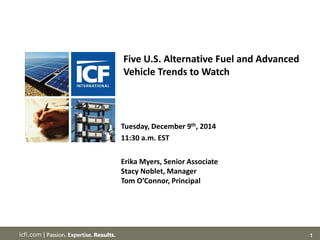 1
icfi.com |
Five U.S. Alternative Fuel and Advanced
Vehicle Trends to Watch
Tuesday, December 9th, 2014
11:30 a.m. EST
Erika Myers, Senior Associate
Stacy Noblet, Manager
Tom O’Connor, Principal
 