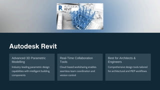 Autodesk Revit
Advanced 3D Parametric
Modelling
Industry-leading parametric design
capabilities with intelligent building
components
Real-Time Collaboration
Tools
Cloud-based worksharing enables
seamless team coordination and
version control
Best for Architects &
Engineers
Comprehensive design tools tailored
for architectural and MEP workflows
 