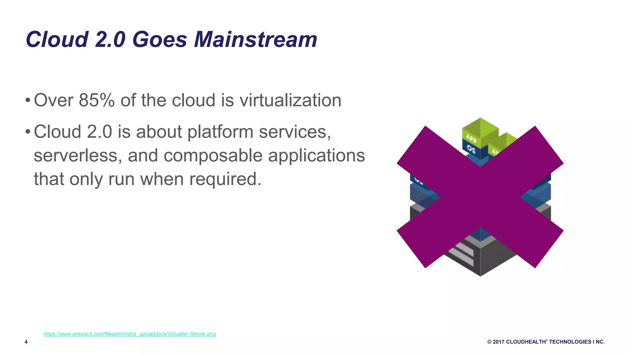4 © 2017 CLOUDHEALTH
®
TECHNOLOGIES I NC.
https://www.anexia-it.com/fileadmin/dce_upload/pics/Virtueller-Server.png
Cloud 2.0 Goes Mainstream
•Over 85% of the cloud is virtualization
•Cloud 2.0 is about platform services,
serverless, and composable applications
that only run when required.
 