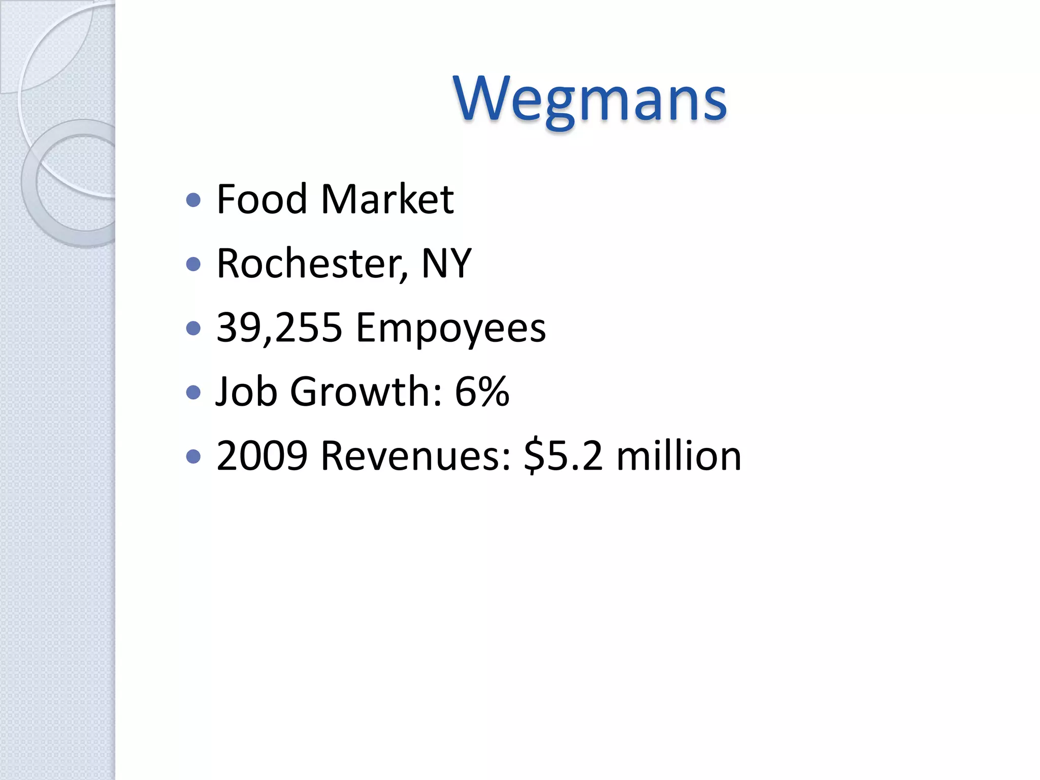 WegmansFood MarketRochester, NY39,255 EmpoyeesJob Growth: 6%2009 Revenues:$5.2 million