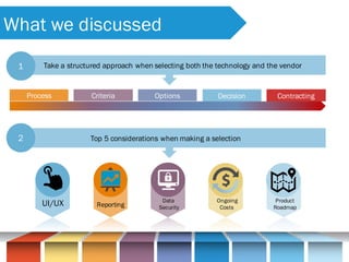 What we discussed
Take a structured approach when selecting both the technology and the vendor
Process Criteria Options Decision Contracting
1
Top 5 considerations when making a selection2
UI/UX Reporting
Data
Security
Ongoing
Costs
Product
Roadmap
 