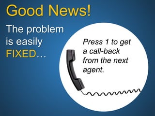 Good News!
The problem
is easily
FIXED…
Press 1 to get
a call-back
from the next
agent.
 