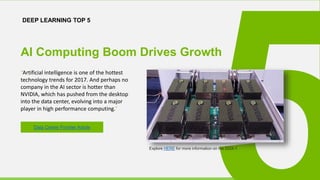DEEP LEARNING TOP 5
Explore HERE for more information on the DGX-1
“Artificial intelligence is one of the hottest
technology trends for 2017. And perhaps no
company in the AI sector is hotter than
NVIDIA, which has pushed from the desktop
into the data center, evolving into a major
player in high performance computing.”
Data Center Frontier Article
AI Computing Boom Drives Growth
 