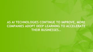 AS AI TECHNOLOGIES CONTINUE TO IMPROVE, MORE
COMPANIES ADOPT DEEP LEARNING TO ACCELERATE
THEIR BUSINESSES…
 