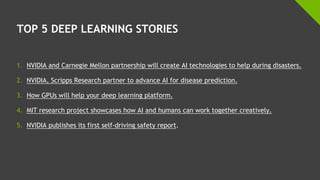 TOP 5 DEEP LEARNING STORIES
1. NVIDIA and Carnegie Mellon partnership will create AI technologies to help during disasters.
2. NVIDIA, Scripps Research partner to advance AI for disease prediction.
3. How GPUs will help your deep learning platform.
4. MIT research project showcases how AI and humans can work together creatively.
5. NVIDIA publishes its first self-driving safety report.
 