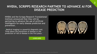 NVIDIA, SCRIPPS RESEARCH PARTNER TO ADVANCE AI FOR
DISEASE PREDICTION
NVIDIA and the Scripps Research Translational
Institute announced that they will be
partnering to advance the use of artificial
intelligence for early disease prediction and
prevention.
“Medical imaging is a powerful diagnostic tool.
Think about the prevention of disease or the
prediction of risk of disease in the first place.”
2
Source: https://www.zdnet.com/article/nvidia-scripps-research-partner-to-advance-ai-for-disease-prediction/#ftag=RSSbaffb68
LEARN MORE
 