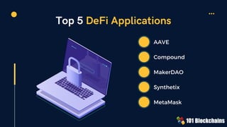 Top 5 DeFi Applications
AAVE
Compound
MakerDAO
Synthetix
MetaMask
 