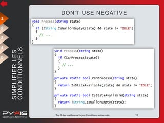 DON'T USE NEGATIVE
1
2

4
5

SIMPLIFIER LES
CONDITIONNELS

3

© Pyxis Technologies inc.

Top 5 des meilleures façon d'améliorer votre code

12

 