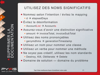 UTILISEZ DES NOMS SIGNIFICATIFS
1

 Nommez selon l'intention / évitez le mapping

2

4
5

 Évitez la désinformation

 SUPPRIMER LA
DOCUMENTATION

3

 d  elapsedDays

 AccountList  Accounts

 Assurez-vous d’avoir une distinction significative
 amount  invoiceTotal, invoiceSubTotal

 Utilisez des noms prononçables
 genymdhms  generationTimestamp

 Utilisez un nom pour nommer une classe
 Utilisez un verbe pour nommer une méthode
 Ne soyez pas créatif, utilisez les nom standards
 Destroy, Kill, Obliterate  Delete

 Domaine de solution ↔ domaine du problème

© Pyxis Technologies inc.

Top 5 des meilleures façon d'améliorer votre code

21

 