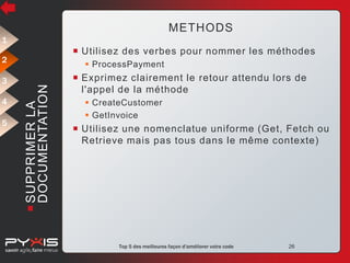 METHODS
1

 Utilisez des verbes pour nommer les méthodes

2

4
5

 SUPPRIMER LA
DOCUMENTATION

3

 ProcessPayment

 Exprimez clairement le retour attendu lors de
l'appel de la méthode
 CreateCustomer
 GetInvoice

 Utilisez une nomenclatue uniforme (Get, Fetch ou
Retrieve mais pas tous dans le même contexte)

© Pyxis Technologies inc.

Top 5 des meilleures façon d'améliorer votre code

26

 