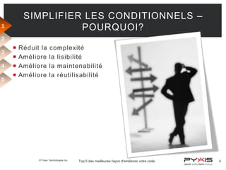 SIMPLIFIER LES CONDITIONNELS –
POURQUOI?

1
2
3
4
5






Réduit la
Améliore
Améliore
Améliore

complexité
la lisibilité
la maintenabilité
la réutilisabilité

© Pyxis Technologies inc.

Top 5 des meilleures façon d'améliorer votre code

4

 