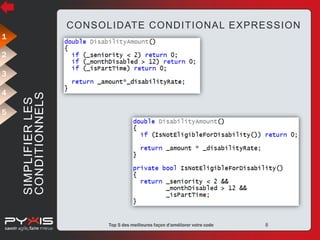 CONSOLIDATE CONDITIONAL EXPRESSION
1
2

4
5

SIMPLIFIER LES
CONDITIONNELS

3

© Pyxis Technologies inc.

Top 5 des meilleures façon d'améliorer votre code

8

 