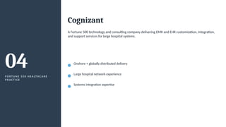 04
F O R T U N E 5 0 0 H E A LT H C A R E
P R A C T I C E
Cognizant
A Fortune 500 technology and consulting company delivering EMR and EHR customization, integration,
and support services for large hospital systems.
Onshore + globally distributed delivery
Large hospital network experience
Systems integration expertise
 