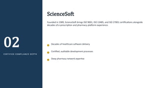 02
C E RT I F I E D CO M P L I A N C E D E P T H
ScienceSoft
Founded in 1989, ScienceSoft brings ISO 9001, ISO 13485, and ISO 27001 certifications alongside
decades of e-prescription and pharmacy platform experience.
Decades of healthcare software delivery
Certified, auditable development processes
Deep pharmacy network expertise
 