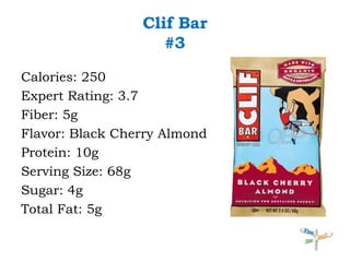 Clif Bar#3Calories: 250Expert Rating: 3.7Fiber: 5gFlavor: Black Cherry AlmondProtein: 10gServing Size: 68gSugar: 4gTotal Fat: 5g