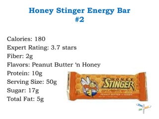 Honey Stinger Energy Bar#2Calories: 180Expert Rating: 3.7 starsFiber: 2gFlavors: Peanut Butter ‘n HoneyProtein: 10gServing Size: 50gSugar: 17gTotal Fat: 5g
