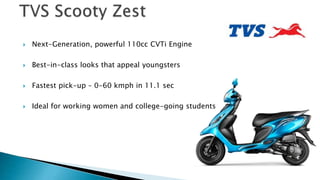 ? Next-Generation, powerful 110cc CVTi Engine
? Best-in-class looks that appeal youngsters
? Fastest pick-up C 0-60 kmph in 11.1 sec
? Ideal for working women and college-going students
 