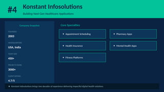 #4 Konstant Infosolutions
Building Next-Gen Healthcare Applications
Company Snapshot
FOUNDED
2003
HEADQUARTERS
USA, India
TEAM SIZE
450+
PROJECTS DONE
3000+
CLIENT RATING
4.7/5
Core Specialties
✦ Appointment Scheduling ✦ Pharmacy Apps
✦ Health Insurance ✦ Mental Health Apps
✦ Fitness Platforms
★ Konstant Infosolutions brings two decades of experience delivering impactful digital health solutions.
 