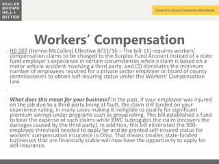 z
Workers’ Compensation
+ HB 207 (Henne-McColley) Effective 8/31/16 – The bill: (1) requires workers'
compensation claims to be charged to the Surplus Fund Account instead of a state
fund employer's experience in certain circumstances when a claim is based on a
motor vehicle accident involving a third party; and (2) eliminates the minimum
number of employees required for a private sector employer or board of county
commissioners to obtain self-insuring status under the Workers' Compensation
Law.
+
+ What does this mean for your business? In the past, if your employee was injured
on the job due to a third party being at fault, the claim still landed on your
experience rating, in many cases making it ineligible to qualify for significant
premium savings under programs such as group rating. This bill established a fund
to bear the expense of such claims while BWC subrogates the claim (recovers the
damages caused by the third party). In addition, this bill eliminated the 500-
employee threshold needed to apply for and be granted self-insured status for
workers’ compensation insurance in Ohio. That means smaller, state-funded
businesses that are financially stable will now have the opportunity to apply for
self-insurance.
 
