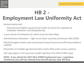 z
HB 2 -
Employment Law Uniformity Act
+ Genaro overturned.
+ Only personal liability would remain under (I) and (J) for employee to
employee retaliation and aiding/abeting
+ 2 year statute of limitations for admin and civil claim filing
+ Administrative exhaustion – right to sue letter issued by commission (like EEOC)
+ Ellerth/Faragher hostile work environment sexual harassment affirmative defense
codified
+ Prevention of multiple age discrimination claims filed under various sections
+ Tort caps apply in civil cases (we couldn’t get buy in for CRA of 1991 caps)
+ NOTE: If you attend the 2017 Ohio SHRM Employment Law + Legislative
Conference you will hear directly from the bill sponsor, Rep. Bill Seitz
 