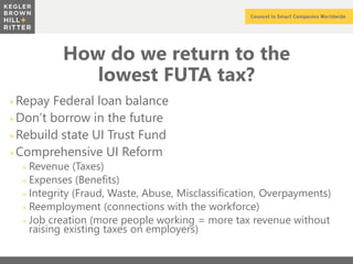 z
How do we return to the
lowest FUTA tax?
+Repay Federal loan balance
+Don’t borrow in the future
+Rebuild state UI Trust Fund
+Comprehensive UI Reform
+ Revenue (Taxes)
+ Expenses (Benefits)
+ Integrity (Fraud, Waste, Abuse, Misclassification, Overpayments)
+ Reemployment (connections with the workforce)
+ Job creation (more people working = more tax revenue without
raising existing taxes on employers)
 