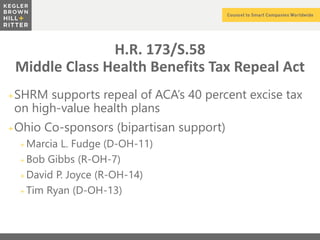 z
H.R. 173/S.58
Middle Class Health Benefits Tax Repeal Act
+SHRM supports repeal of ACA’s 40 percent excise tax
on high-value health plans
+Ohio Co-sponsors (bipartisan support)
+ Marcia L. Fudge (D-OH-11)
+ Bob Gibbs (R-OH-7)
+ David P. Joyce (R-OH-14)
+ Tim Ryan (D-OH-13)
 