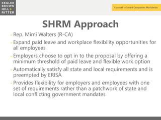 z
SHRM Approach
+ Rep. Mimi Walters (R-CA)
+ Expand paid leave and workplace flexibility opportunities for
all employees
+ Employers choose to opt in to the proposal by offering a
minimum threshold of paid leave and flexible work option
+ Automatically satisfy all state and local requirements and is
preempted by ERISA
+ Provides flexibility for employers and employees with one
set of requirements rather than a patchwork of state and
local conflicting government mandates
 
