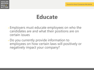 z
Educate
+Employers must educate employees on who the
candidates are and what their positions are on
certain issues
+Do you currently provide information to
employees on how certain laws will positively or
negatively impact your company?
 