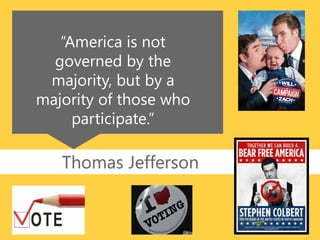 z
z
Thomas Jefferson
“America is not
governed by the
majority, but by a
majority of those who
participate.”
 
