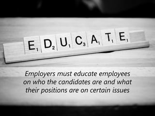 z
Employers must educate employees
on who the candidates are and what
their positions are on certain issues
 