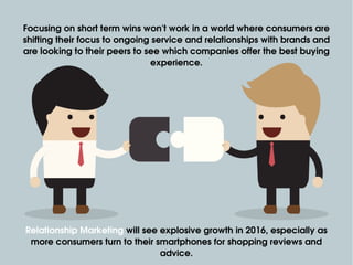 Relationship Marketing will see explosive growth in 2016, especially as 
more consumers turn to their smartphones for shopping reviews and 
advice.
Focusing on short term wins won't work in a world where consumers are 
shifting their focus to ongoing service and relationships with brands and 
are looking to their peers to see which companies offer the best buying 
experience.
 
