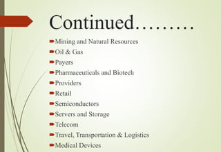 Continued………
Mining and Natural Resources
Oil & Gas
Payers
Pharmaceuticals and Biotech
Providers
Retail
Semiconductors
Servers and Storage
Telecom
Travel, Transportation & Logistics
Medical Devices
 