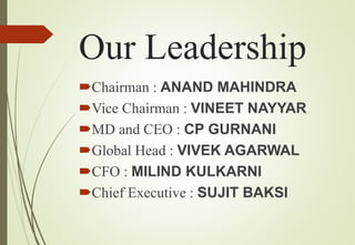 Our Leadership
Chairman : ANAND MAHINDRA
Vice Chairman : VINEET NAYYAR
MD and CEO : CP GURNANI
Global Head : VIVEK AGARWAL
CFO : MILIND KULKARNI
Chief Executive : SUJIT BAKSI
 
