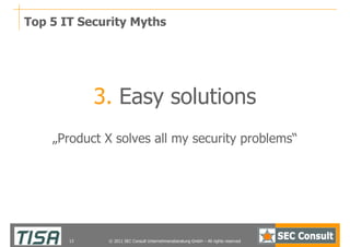 Top 5 IT Security Myths




            3. Easy solutions
    „Product X solves all my security problems“




       13   ...