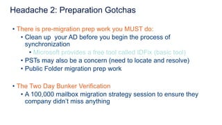 • There is pre-migration prep work you MUST do:
• Clean up your AD before you begin the process of
synchronization
• Microsoft provides a free tool called IDFix (basic tool)
• PSTs may also be a concern (need to locate and resolve)
• Public Folder migration prep work
• The Two Day Bunker Verification
• A 100,000 mailbox migration strategy session to ensure they
company didn’t miss anything
Headache 2: Preparation Gotchas
 