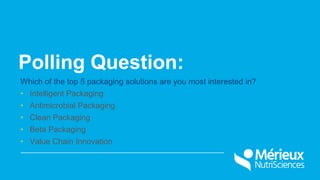 Polling Question:
Which of the top 5 packaging solutions are you most interested in?
• Intelligent Packaging
• Antimicrobi...