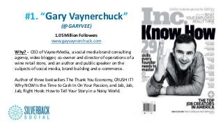 #1. “Gary Vaynerchuck”
(@GARYVEE)
1.05 Million Followers
www.gayvaynerchuck.com
Why? - CEO of VaynerMedia, a social media brand consulting
agency, video blogger, co-owner and director of operations of a
wine retail store, and an author and public speaker on the
subjects of social media, brand building and e-commerce.
Author of three bestsellers The Thank You Economy, CRUSH IT!
Why NOW Is the Time to Cash In On Your Passion, and Jab, Jab,
Jab, Right Hook: How to Tell Your Story in a Noisy World.
 