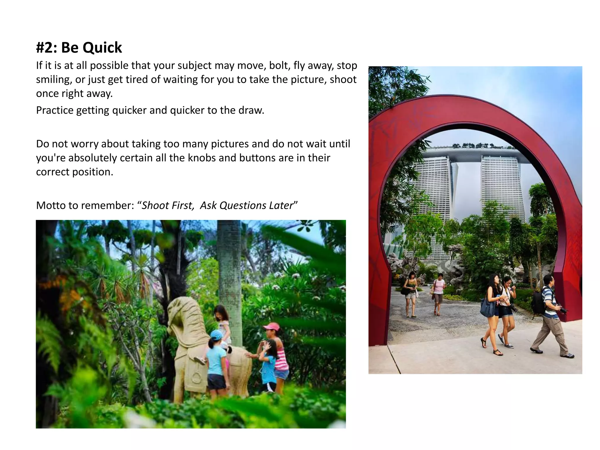 #2: Be Quick
If it is at all possible that your subject may move, bolt, fly away, stop
smiling, or just get tired of waiting for you to take the picture, shoot
once right away.
Practice getting quicker and quicker to the draw.

Do not worry about taking too many pictures and do not wait until
you're absolutely certain all the knobs and buttons are in their
correct position.

Motto to remember: “Shoot First, Ask Questions Later”
 