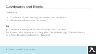 Dashboards and Blocks
15 | WWW.LAMBDASOLUTIONS.NET
Dashboards
• Dashboards allow for creating a personalized user experience
• It is possible to have several dashboards
TIP
You can set the homepage for your learners to be a dashboard from
Site Administration > Appearance > Navigation > Default home page > Totara dashboard.
Or in Totara 12, Administration menu > Navigation
 