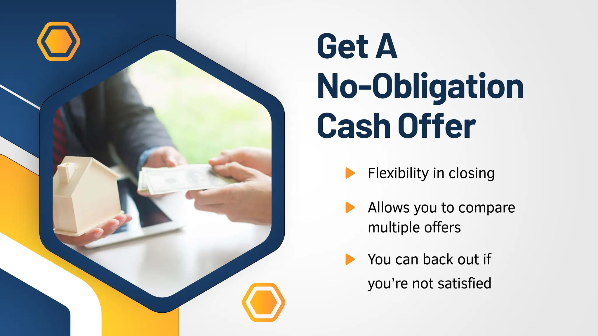 Get A
No-Obligation
CashOffer
Flexibility in closing
Allows you to compare
multiple offers
You can back out if
you’re not satisfied
 
