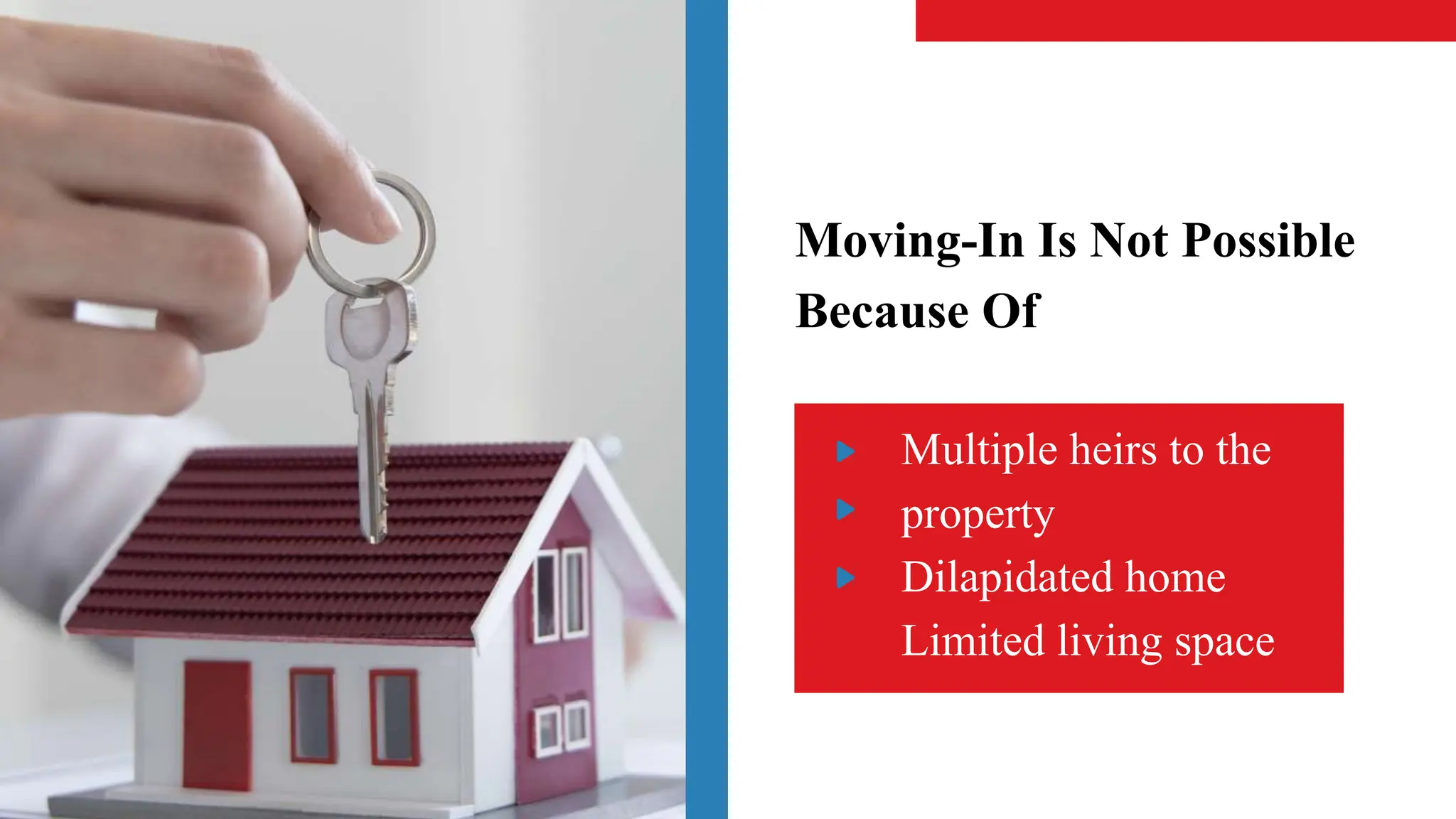 Moving-In Is Not Possible
Because Of
Multiple heirs to the
property
Dilapidated home
Limited living space
 