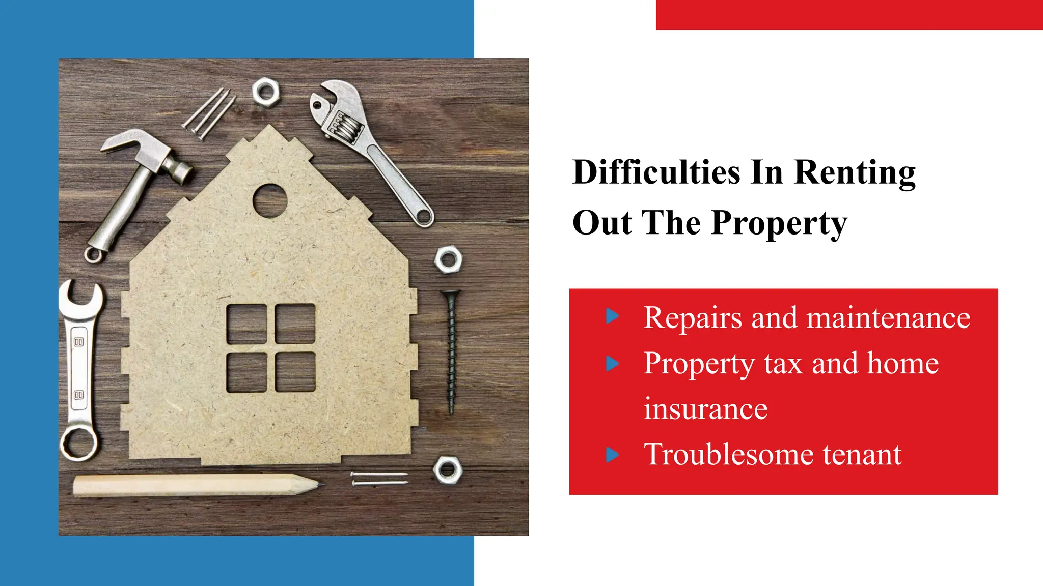 Difficulties In Renting
Out The Property
Repairs and maintenance
Property tax and home
insurance
Troublesome tenant
 