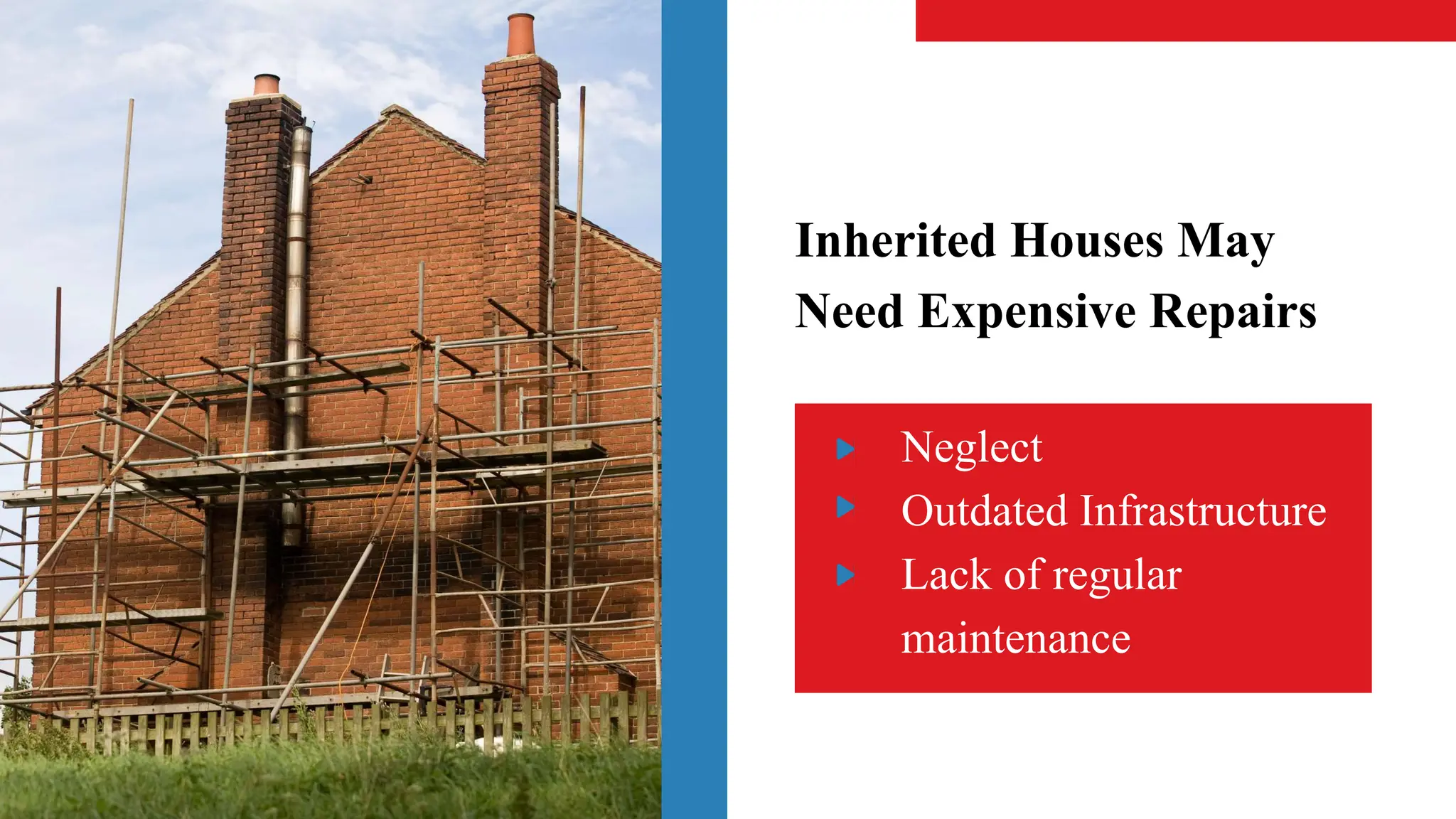 Inherited Houses May
Need Expensive Repairs
Neglect
Outdated Infrastructure
Lack of regular
maintenance
 