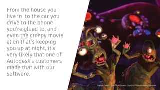 From the house you
live in to the car you
drive to the phone
you’re glued to, and
even the creepy movie
alien that’s keeping
you up at night, it’s
very likely that one of
Autodesk’s customers
made that with our
software.
Image Credit: Quantum Quest -Jupitor 9 Productions/Digimax
 