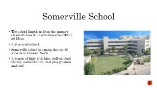 The school functions from the nursery
class till class XII and follows the CBSE
syllabus.
 It is a co-ed school.
 Somerville school is among the top 10
schools in Greater Noida.
 It boasts of high-tech labs, well-stocked
library, medical room, vast playgrounds
and café.
 