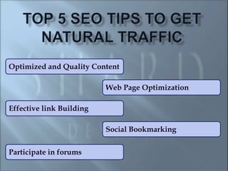 Optimized and Quality Content

                          Web Page Optimization

Effective link Building

                          Social Bookmarking


Participate in forums
 