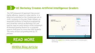 7
UC Berkeley Creates Artificial Intelligence Graders
READ MORE
3
The GPU-powered AI approach has proven
highly effective, based on initial returns. In a
blog post published on the Gradescope site in
June, company co-founder Pieter Abbeel, an
associate professor of electrical engineering
and computer science at Berkeley’s AI Lab,
said he used an early version of the company’s
AI-boosted grading feature for a computer
science final given to more than 600 students.
The early version cut grading time by 75
percent.
NVIDIA Blog Article
Watch the VIDEO for a detailed explanation of Gradescope’s
technology
 