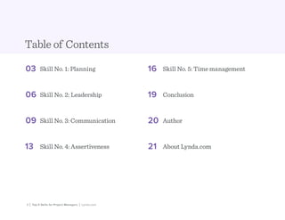 2 | Top 5 Skills for Project Managers | Lynda.com
03	 Skill No. 1: Planning
06	 Skill No. 2: Leadership
09	 Skill No. 3: Communication
13	 Skill No. 4: Assertiveness
16	 Skill No. 5: Time management
19	 Conclusion
20	 Author
21	 About Lynda.com
Table of Contents
 