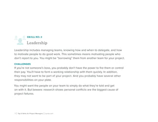 7 | Top 5 Skills for Project Managers | Lynda.com
SKILL NO. 2
Leadership
Leadership includes managing teams, knowing how and when to delegate, and how
to motivate people to do good work. This sometimes means motivating people who
don’t report to you. You might be “borrowing” them from another team for your project.
challenges
If you’re not someone’s boss, you probably don’t have the power to fire them or control
their pay. You’ll have to form a working relationship with them quickly. In addition,
they may not want to be part of your project. And you probably have several other
responsibilities on your plate.
You might want the people on your team to simply do what they’re told and get
on with it. But beware: research shows personal conflicts are the biggest cause of
project failures.
 